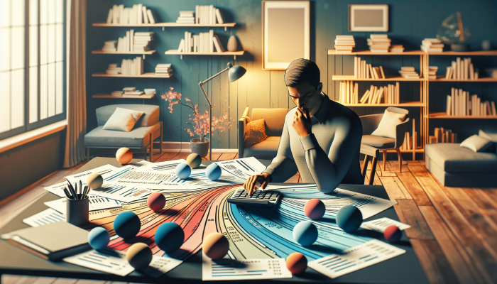 Comprehensive Guide to Debt Consolidation Loan Income Criteria | DCL Individual calculating debt-to-income ratio in a comfortable home office, surrounded by financial documents and graphs.