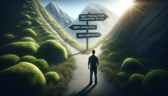A person at a crossroads between paths to 'Reduced Interest Rates' and 'Risks', symbolising debt consolidation.