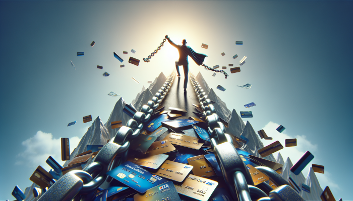A person breaking free from high-interest debt chains, atop credit cards, path to debt consolidation and lower rates.