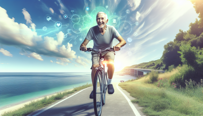 A senior man cycling joyfully along a scenic coastal path, embodying active retirement vitality.