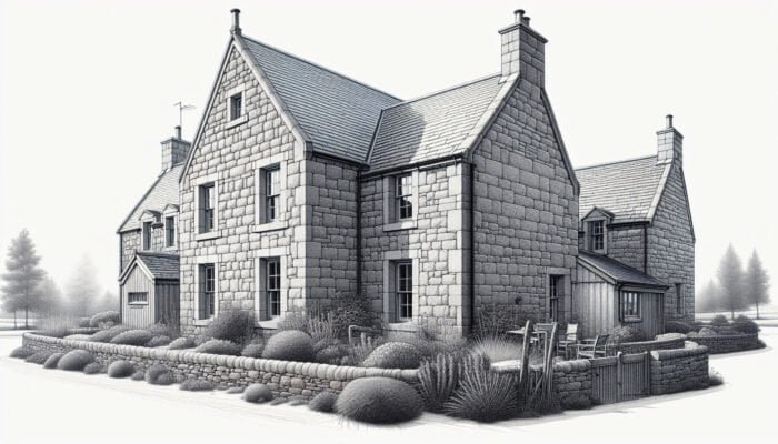 Clermont Gris Limestone: Rustic farmhouse exterior featuring weather-resistant Clermont Gris limestone, retaining beauty and integrity in Fife.