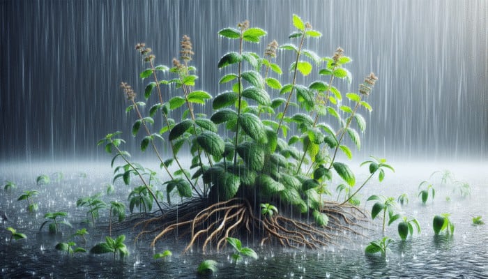 Overwatered herbs displaying yellowing leaves and wilting stems in waterlogged soil, indicative of root rot.