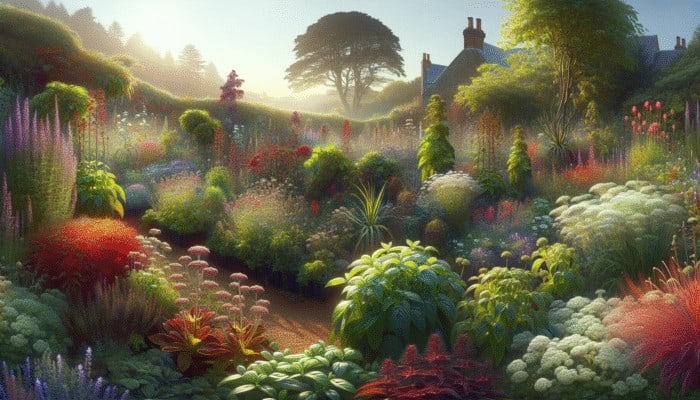 A UK herb garden displaying herbs thriving or wilting under varying levels of sunlight.