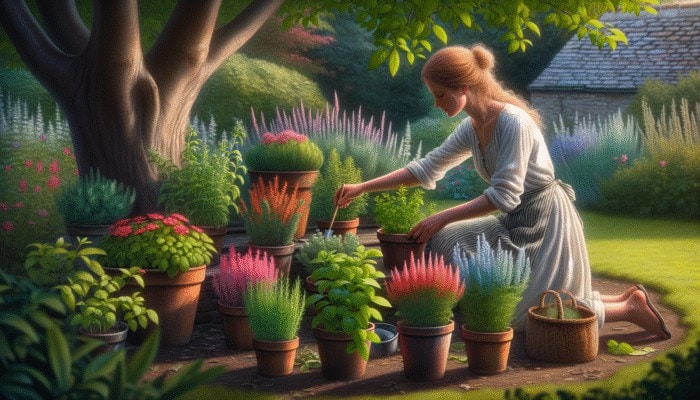 A gardener repositioning herbs seasonally in the UK for optimal health and growth.