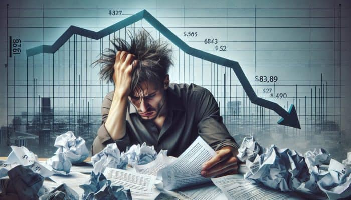 Debunking Debt Consolidation Loan Myths: A Guide | DCL A person amidst bills and legal notices, with a falling credit score graph, illustrating debt consolidation default consequences.