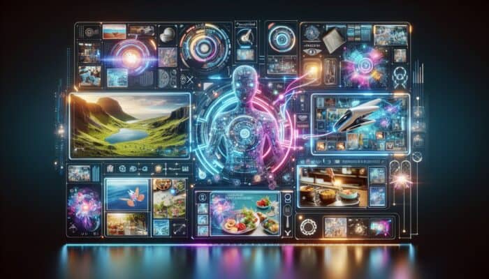 Utilising AI Chatbots for Interactive Video Experiences: A futuristic interface showcasing personalised videos with AI chatbots boosting viewer engagement through travel and cooking shows.