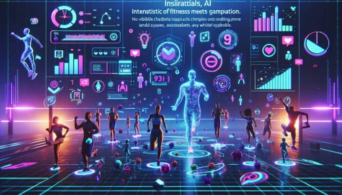 A futuristic fitness video interface featuring points, badges, a leaderboard, animated avatars, and AI chatbots in a lively digital environment.