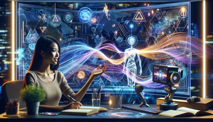 AI chatbot on screen generating scripts for a travel vlogger in a futuristic studio equipped with maps and equipment.