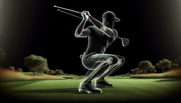 Golfer performing squat on green course, emphasizing leg and hip power, with golf club.