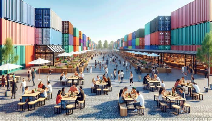 A vibrant downtown park with colorful shipping containers turned into bars and restaurants, where people enjoy drinks in an industrial, artistic setting.