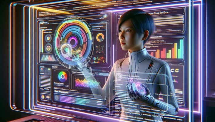 A webmaster monitoring Google Search Console data on a holographic display within a futuristic, tech-filled environment.