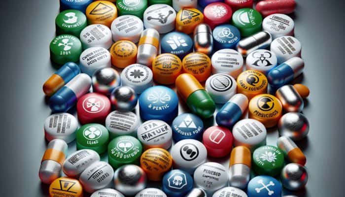 Illustration showing heavy metals and pesticides contaminating dietary supplements, highlighting health risks.