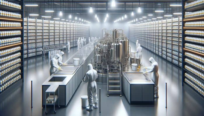 Workers in protective suits sanitising high-tech equipment in a modern supplement factory with neatly stored supplements.