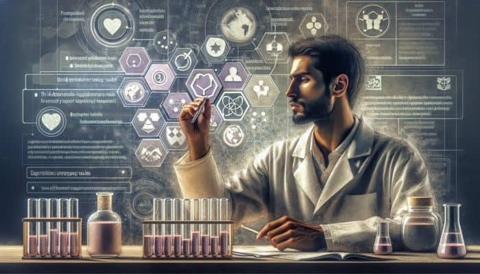 A scientist examining a supplement brand's history, values, and transparency with digital icons and online forums.