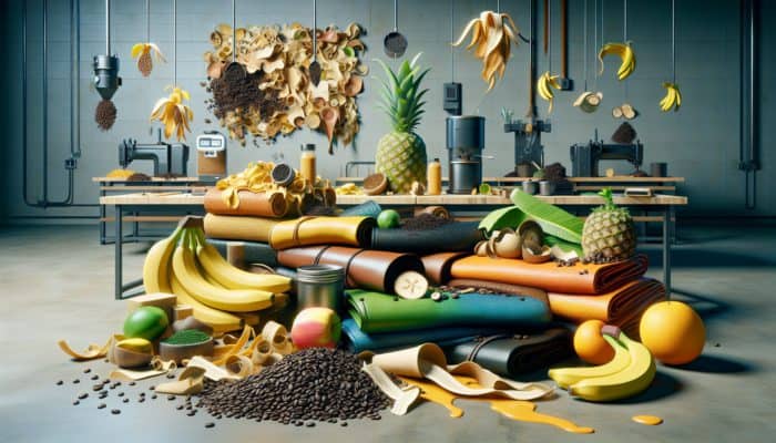 Banana peels, coffee grounds, and pineapple leaves transformed into vibrant vegan leather at a sustainable workshop.
