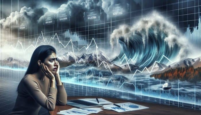 Understanding the pitfalls of debt consolidation: Risks to Consider | DCL Understanding the pitfalls of debt consolidation: A person overwhelmed by a fluctuating graph and a tumultuous economic backdrop, symbolising financial instability due to variable interest rates.
