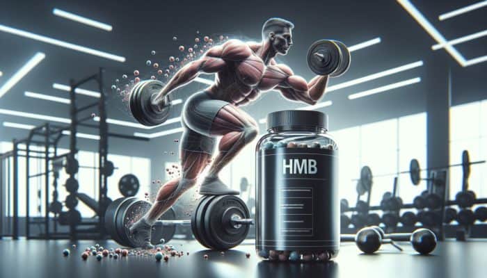 An image of a muscular bodybuilder lifting weights in a gym, with HMB supplement visible nearby, illustrating increased lean muscle and minimal fat.