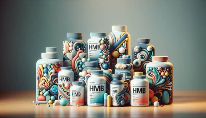 Bottles of various HMB supplements on a table, labelled with types such as calcium HMB and free acid HMB.