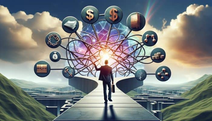Crucial Terminology in Debt Consolidation: A Comprehensive Guide | DCL A person confidently navigating a clear path through a complex financial landscape with labeled signposts under a bright sky.