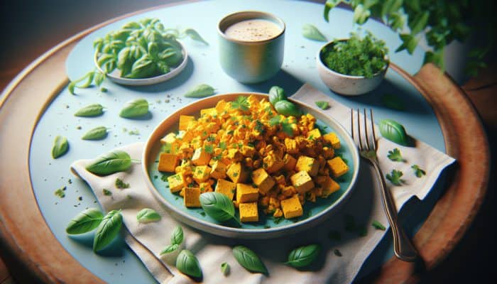 Golden turmeric tofu scramble with fresh parsley and basil on a colourful plate.