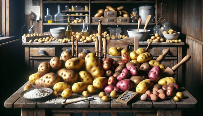 How to Make Homemade Gnocchi Easily: Starchy Russet and Yukon Gold potatoes with gnocchi tools on a rustic kitchen table.