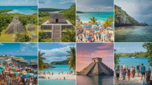 A collage of eight images featuring ancient Mayan ruins, crowded beaches, crystal-clear turquoise waters, a vibrant marketplace with colourful umbrellas, tourists enjoying the scenery, and tropical landscapes under the sunny and partly cloudy Belize skies.
