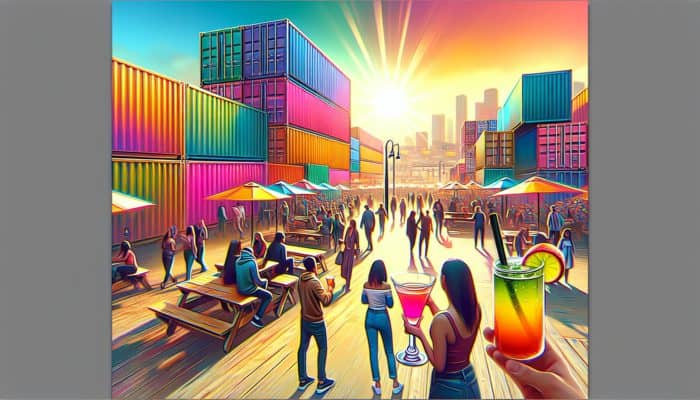 Savour a variety of drinks at downtown Container Park in a lively, sunlit atmosphere.