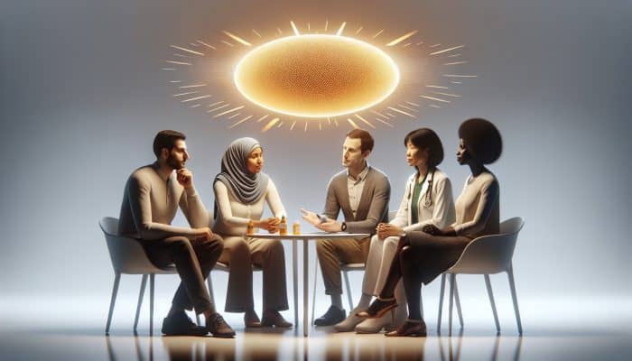 A diverse group consulting healthcare providers about the importance of vitamin D testing, highlighting various risk factors.