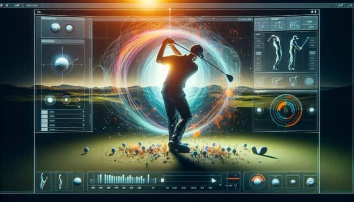 Interface of golf swing analysis software showcasing slow-motion playback, drawing tools, and side-by-side comparison feature.