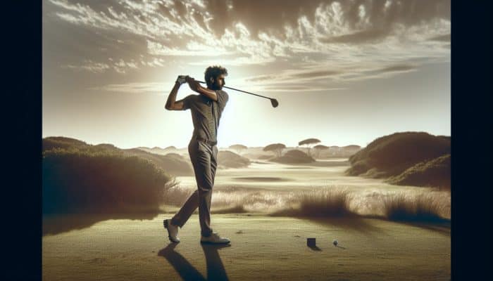 Golfer executing a swing on a South African course at mid-morning with optimal lighting and a clear background.
