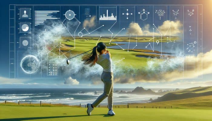 Golfer perfecting swing on South African coastal links, Fancourt and Pinnacle Point visible, battling unpredictable winds causing a slice.