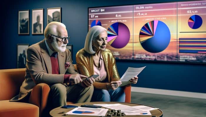Debt Consolidation Loan Age Restrictions: Navigating UK Rules | DCL Elderly couple reviewing loan documents at a UK bank, with Brexit news on TV in the background.