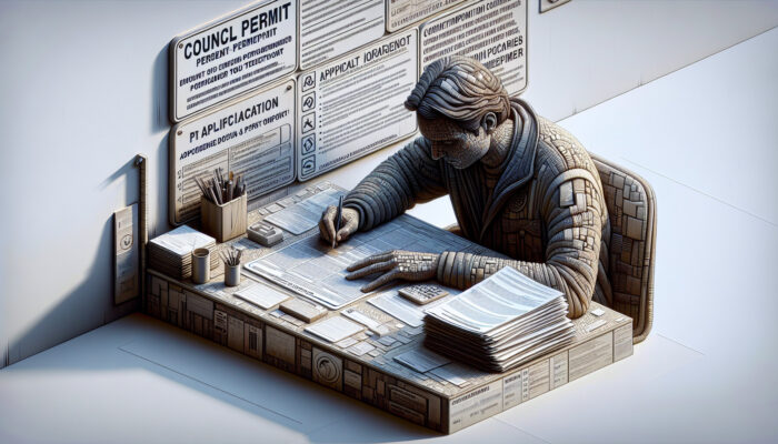 An individual completing a council permit application form at a desk surrounded by documents and guidelines.