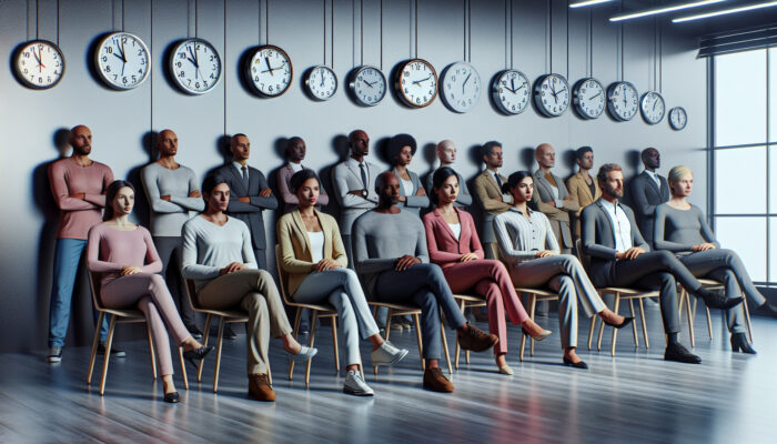 A diverse group waiting in an office with permit applications and clocks showing different times.
