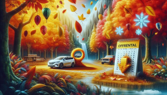 A tranquil autumn landscape with a car rental office, colourful falling leaves, and a calendar displaying off-peak seasons.