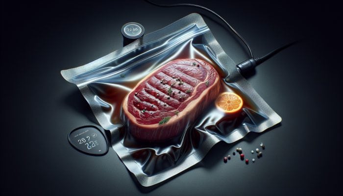 A beautifully cooked sous vide steak, tender inside with a seared crust, next to a vacuum-sealed bag and water bath.