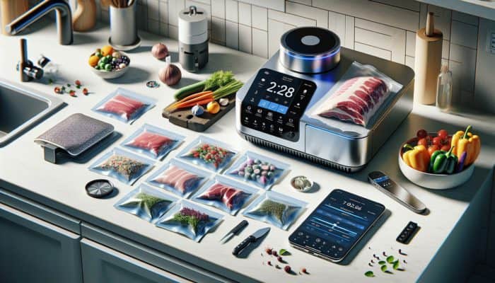 Essential sous vide equipment including precision cooker, vacuum-sealed bags, digital thermometer, and smartphone app on a kitchen countertop.