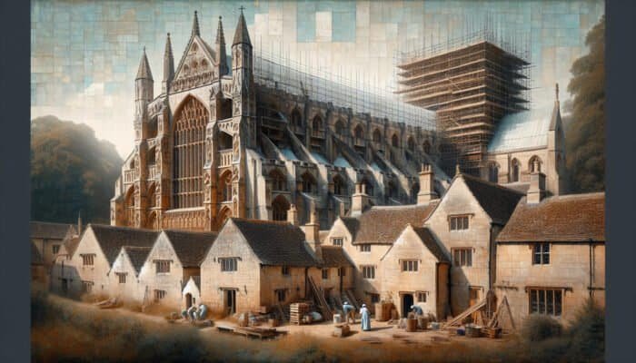 Detailed view of Westminster Abbey and Cotswold cottages, showcasing textured limestone facades and skilled restorers in action.