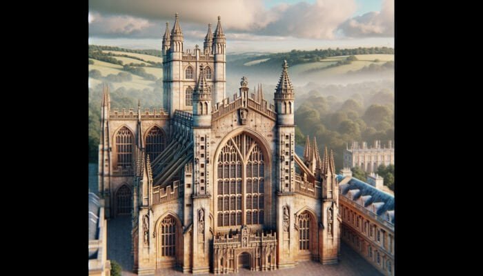 Restored limestone façade of Bath Abbey in Somerset, illustrating rejuvenated stonework after steam cleaning and chemical treatments.