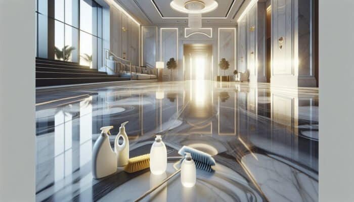 A beautiful marble floor in a Cottenham Park home, shining, with cleaning tools highlighting the importance of maintenance.