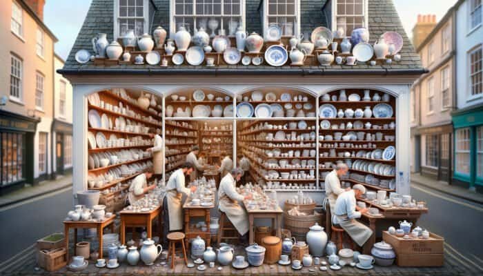 A welcoming East Calder porcelain repair shop where artisans are restoring ceramics, providing personalised consultations.