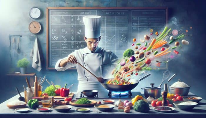 Chef stir-frying colourful vegetables and meat in a wok, steam rising, in a vibrant kitchen.