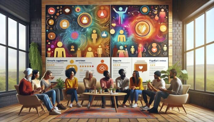 A diverse group sharing supplement experiences in a cosy setting, with reviews on an interactive wall.