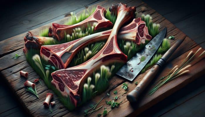 How to Smoke Bone Marrow for Richness: High-quality beef and veal marrow bones, marbled and meaty, on a rustic table, labeled grass-fed.