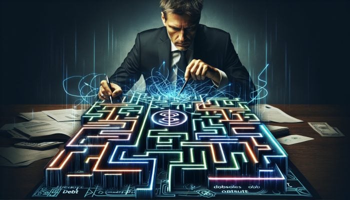 Debt Consolidation Loans vs Debt Settlement: A Guide | DCL Debt Consolidation Loans vs Debt Settlement: A person analysing financial documents and charts, navigating a maze of debt settlement strategies.