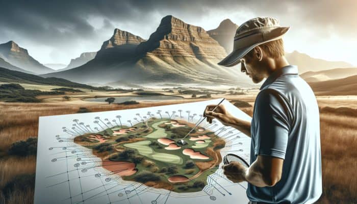 Golfer analysing Gary Player Country Club layout, focusing on elevation changes and water hazards for strategic play.