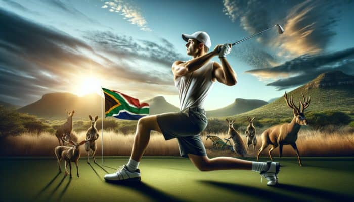 South African golfer engaged in an energetic fitness session on a sunlit course, preparing for a tournament.