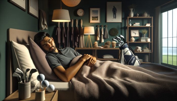 A golfer resting peacefully in a serene, dimly lit bedroom, surrounded by calming decor.