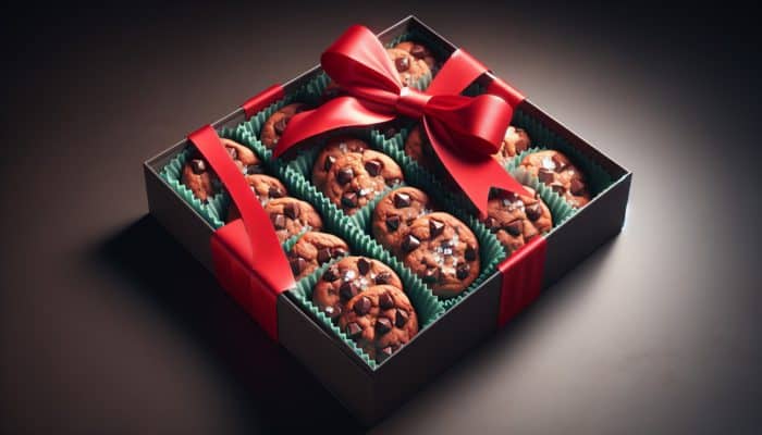 A box of double chocolate chip cookies featuring gooey centres, crispy edges, and sprinkled with sea salt, elegantly tied with a red bow.