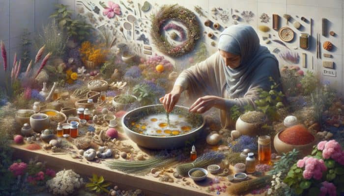 Advanced Herbal Tea Layering: A person delicately layering herbs into a steaming cup of tea, surrounded by various herbs and flowers.